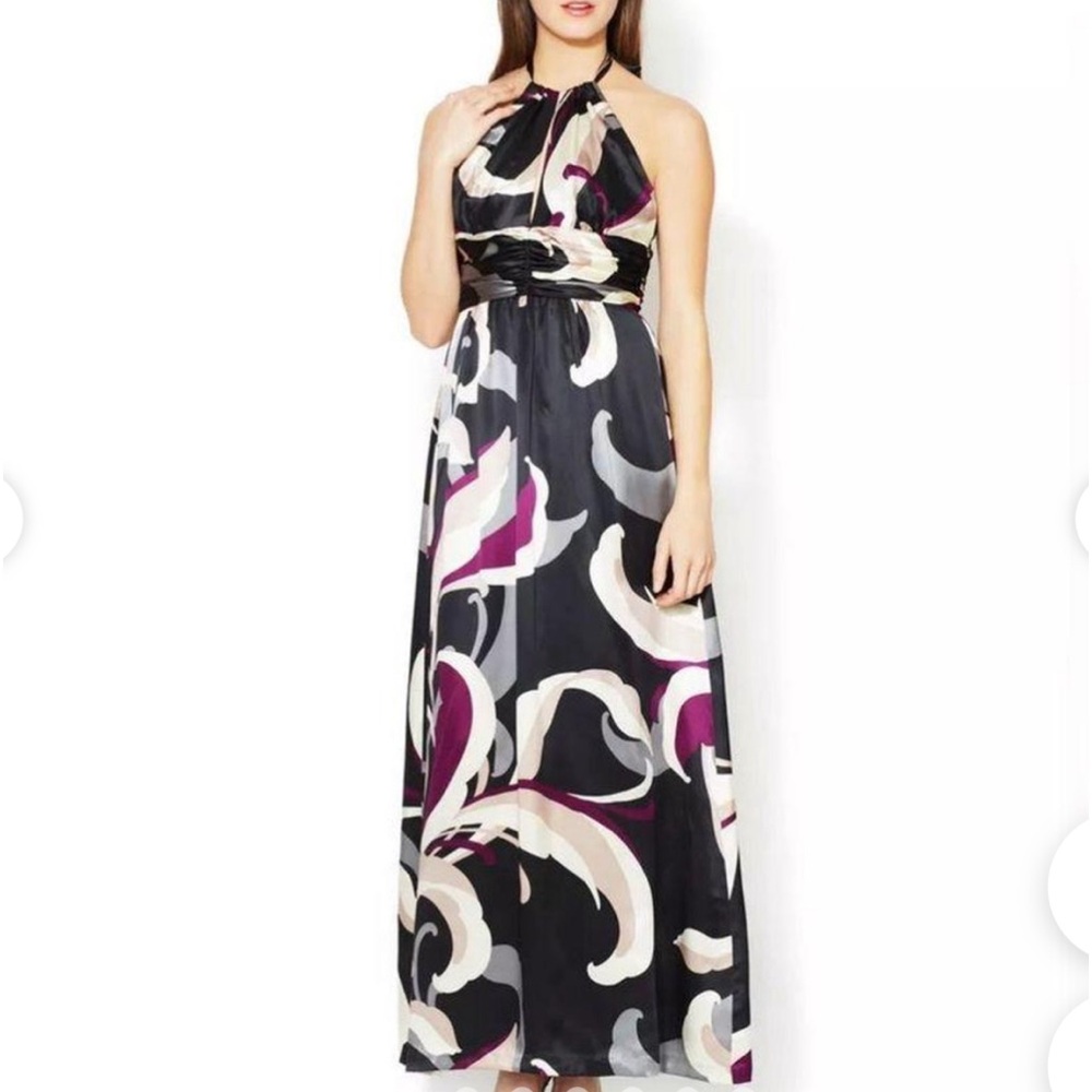 Trina Turk Geometric Print Loni 100% Silk Halter Top Maxi Dress Evening Gown, 8